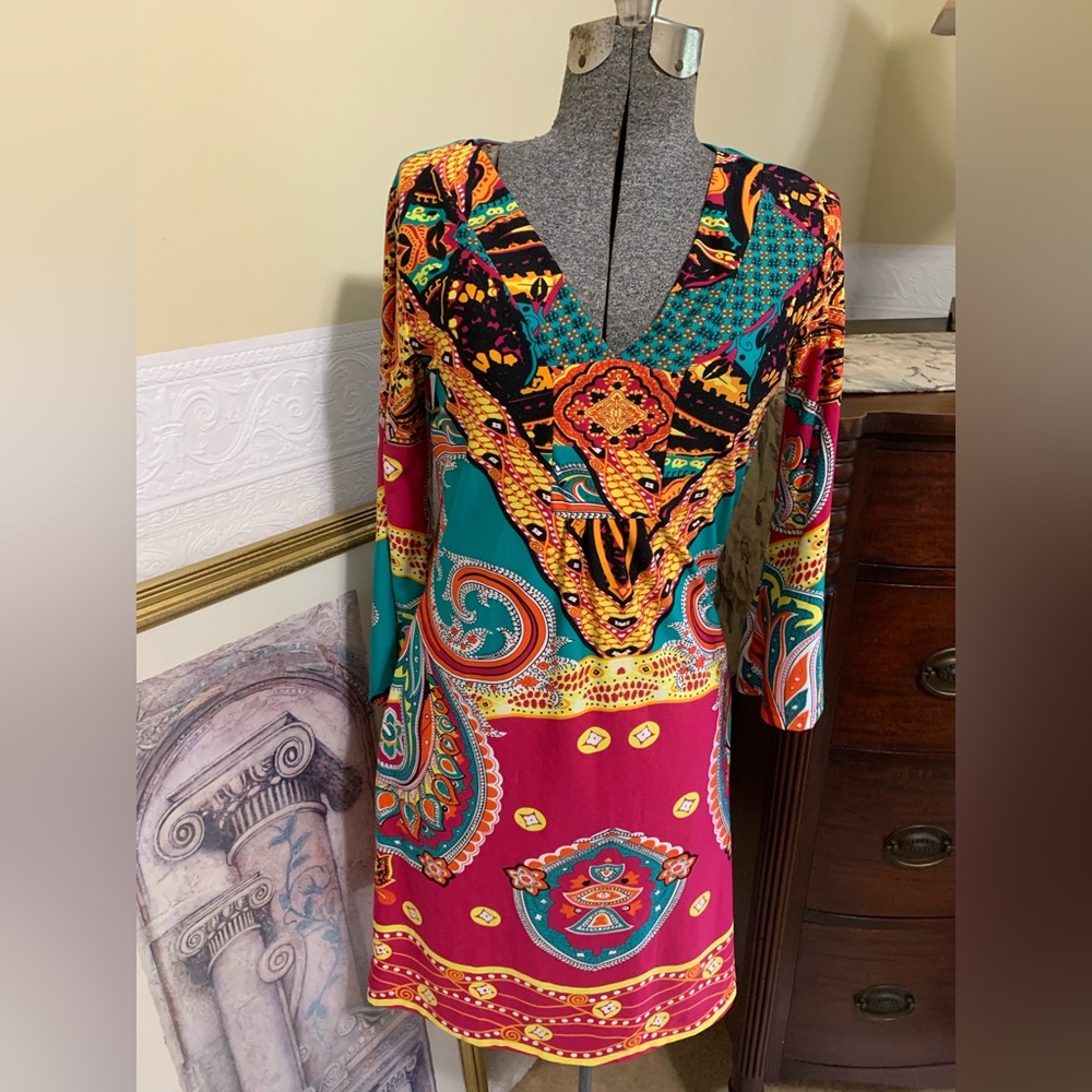 White Mark Multicolor Paisley V-Neck Long Sleeve Dress